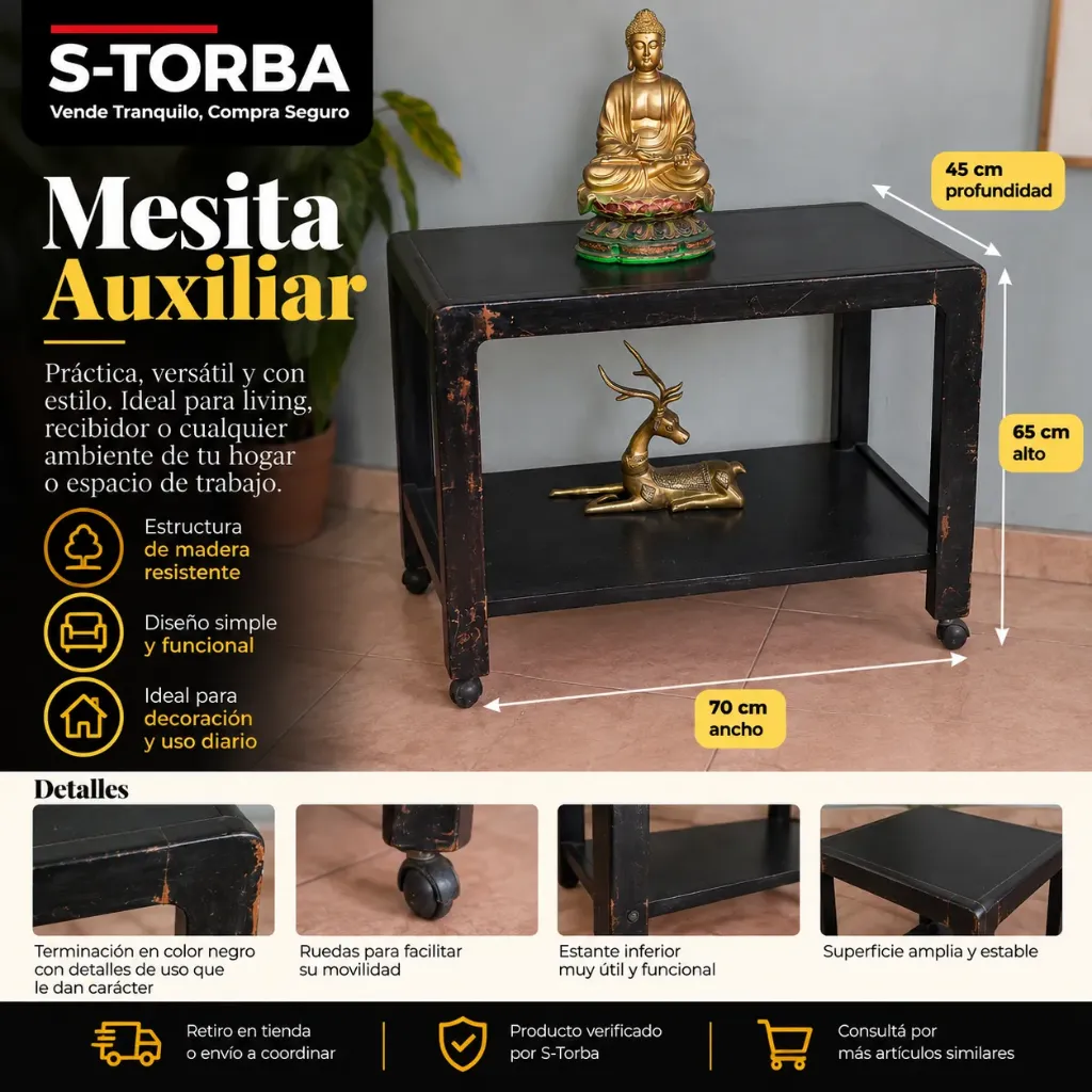 Mesa Auxiliar Negra con Ruedas y Estante Inferior – 70 cm