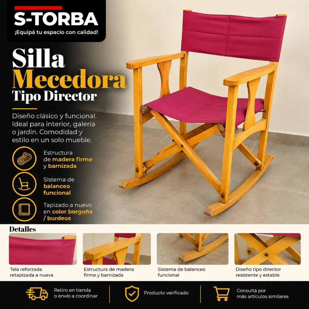 Silla Mecedora de Madera Tipo Director – Retapizada