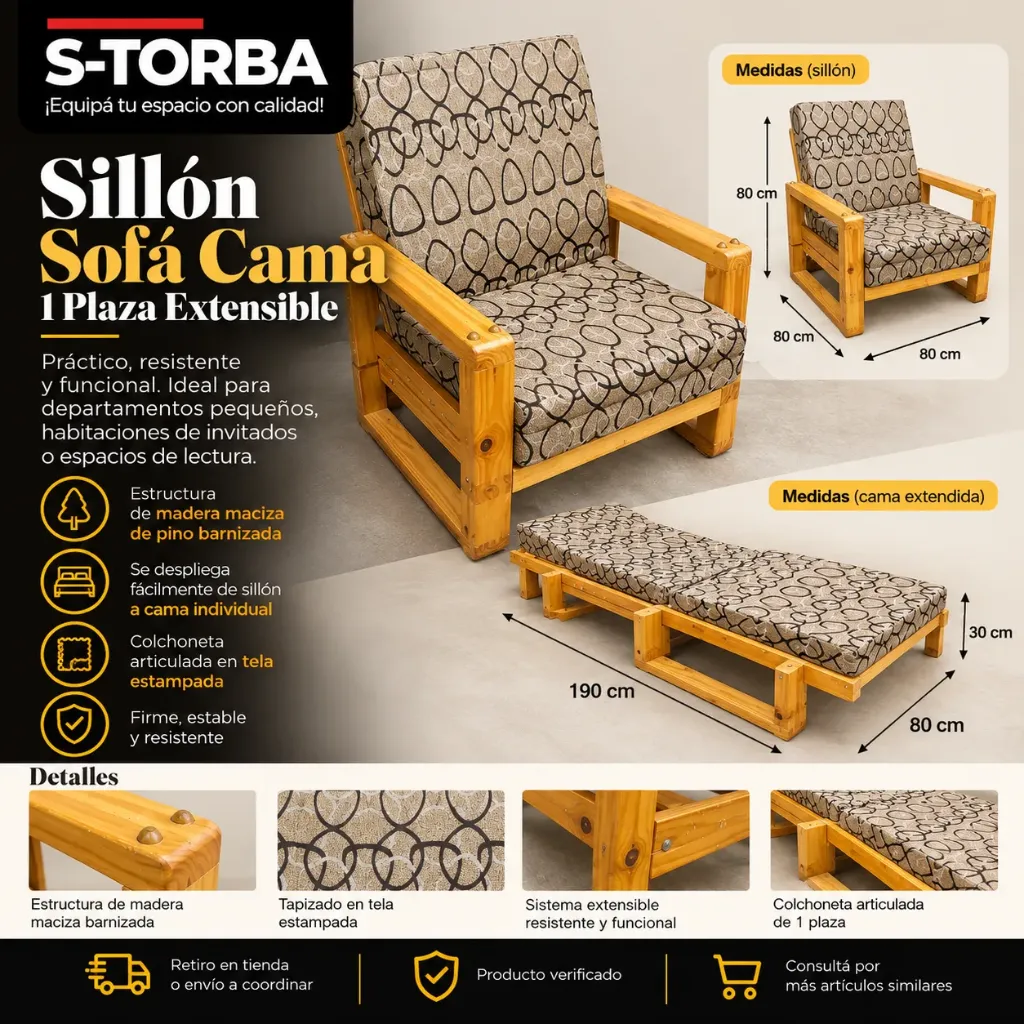 Sillón Sofá Cama Extensible de Madera de Pino – 1 Plaza
