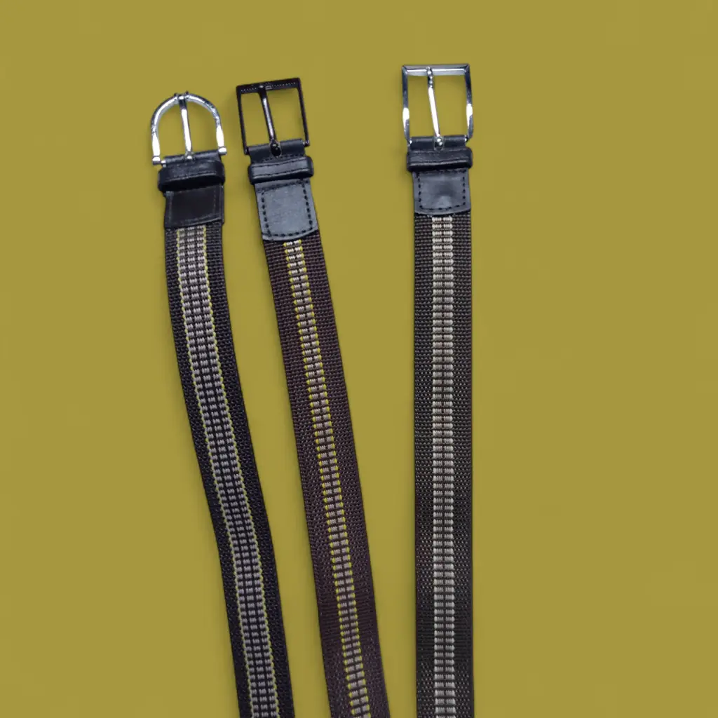 Cinturón tela sintética y cuero marrón 100 y 105 cm